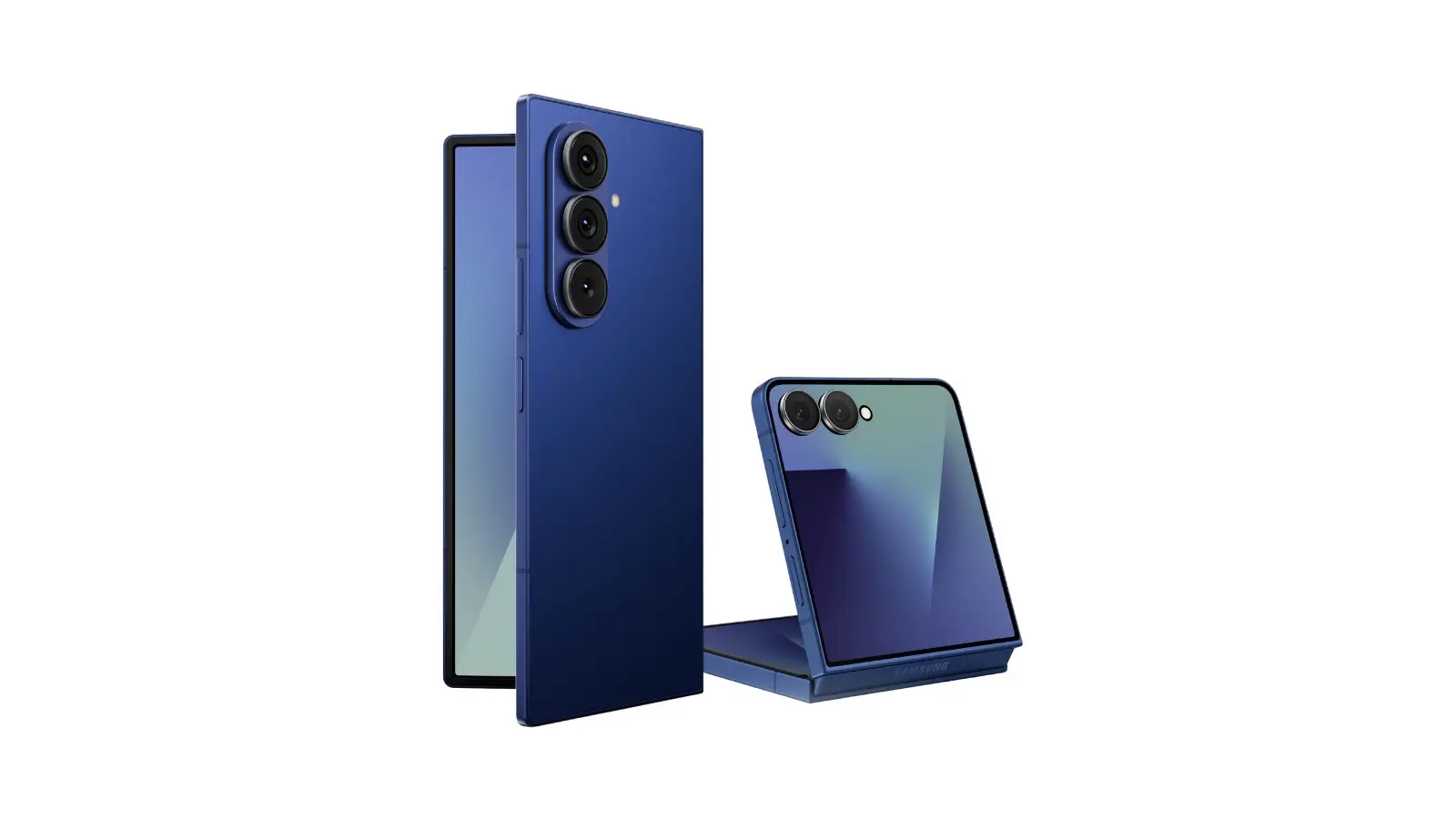 Samsung press image of a blue Galaxy Z Fold standing upright beside a blue Galaxy Z Flip propped open on a white background.
