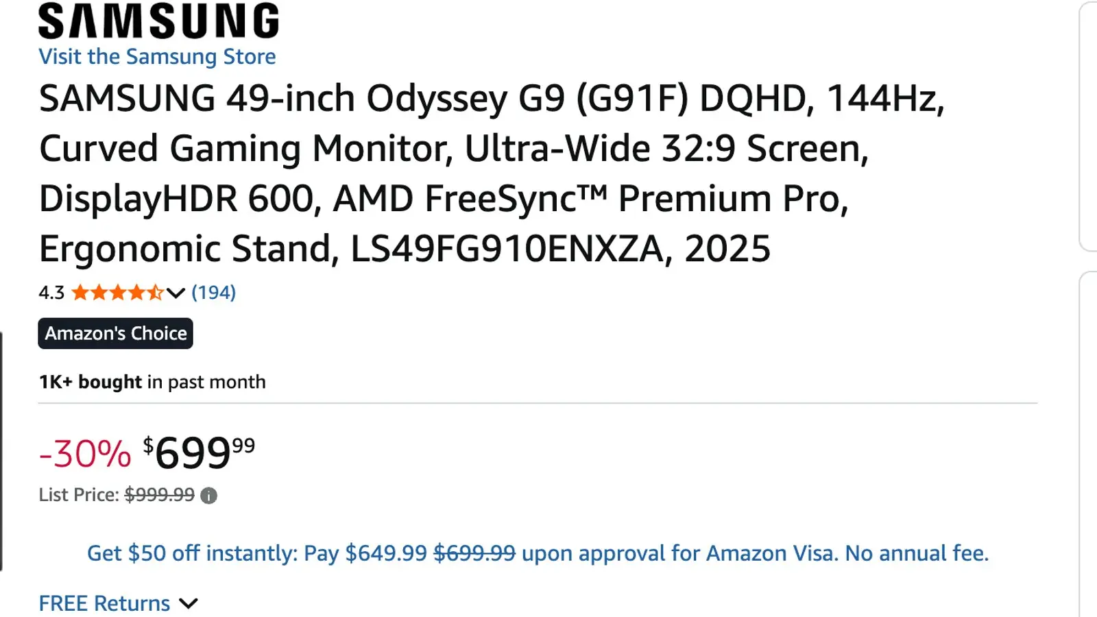 The top of an Amazon listing for the Samsung 49-inch Odyssey G9 (G91F), showing the product title, a 4.3-star rating, a 30 percent discount and a price of $699.99 above a $999.99 list price.