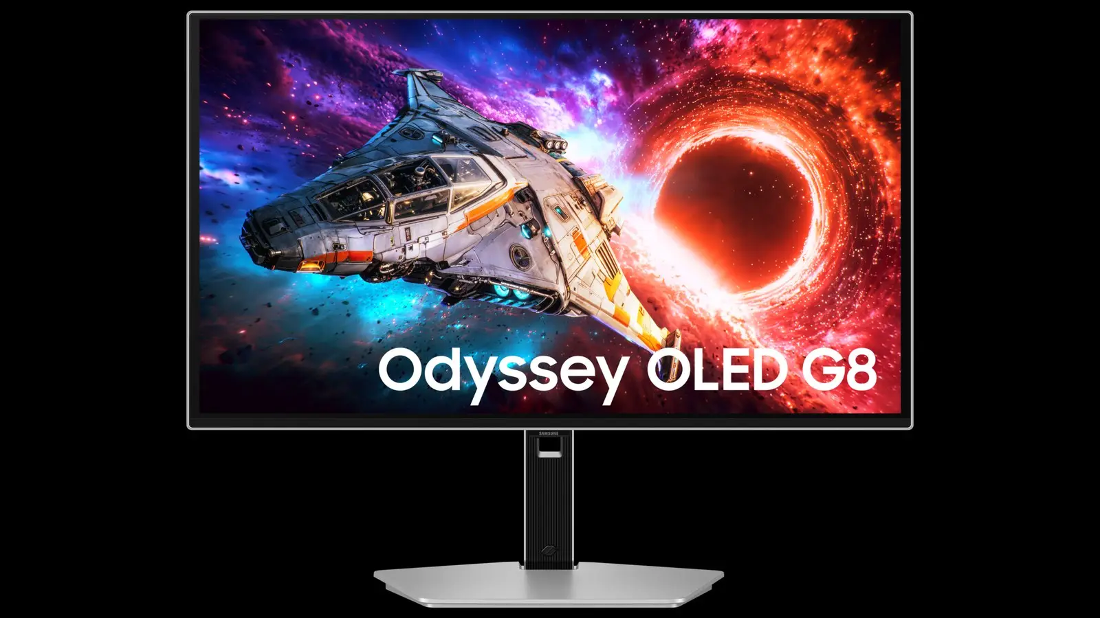 The Samsung Odyssey OLED G8 monitor on its silver stand, showing a spaceship and a glowing red black hole with the words Odyssey OLED G8.