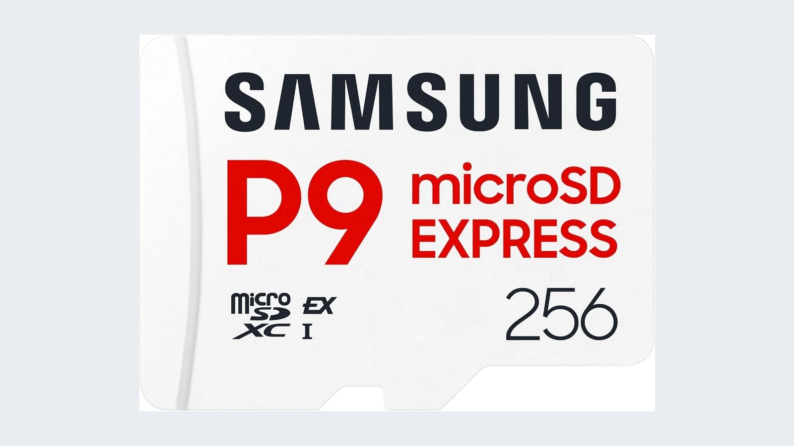 A white Samsung P9 microSD Express memory card marked 256, with red P9 microSD EXPRESS lettering, on a light grey background.