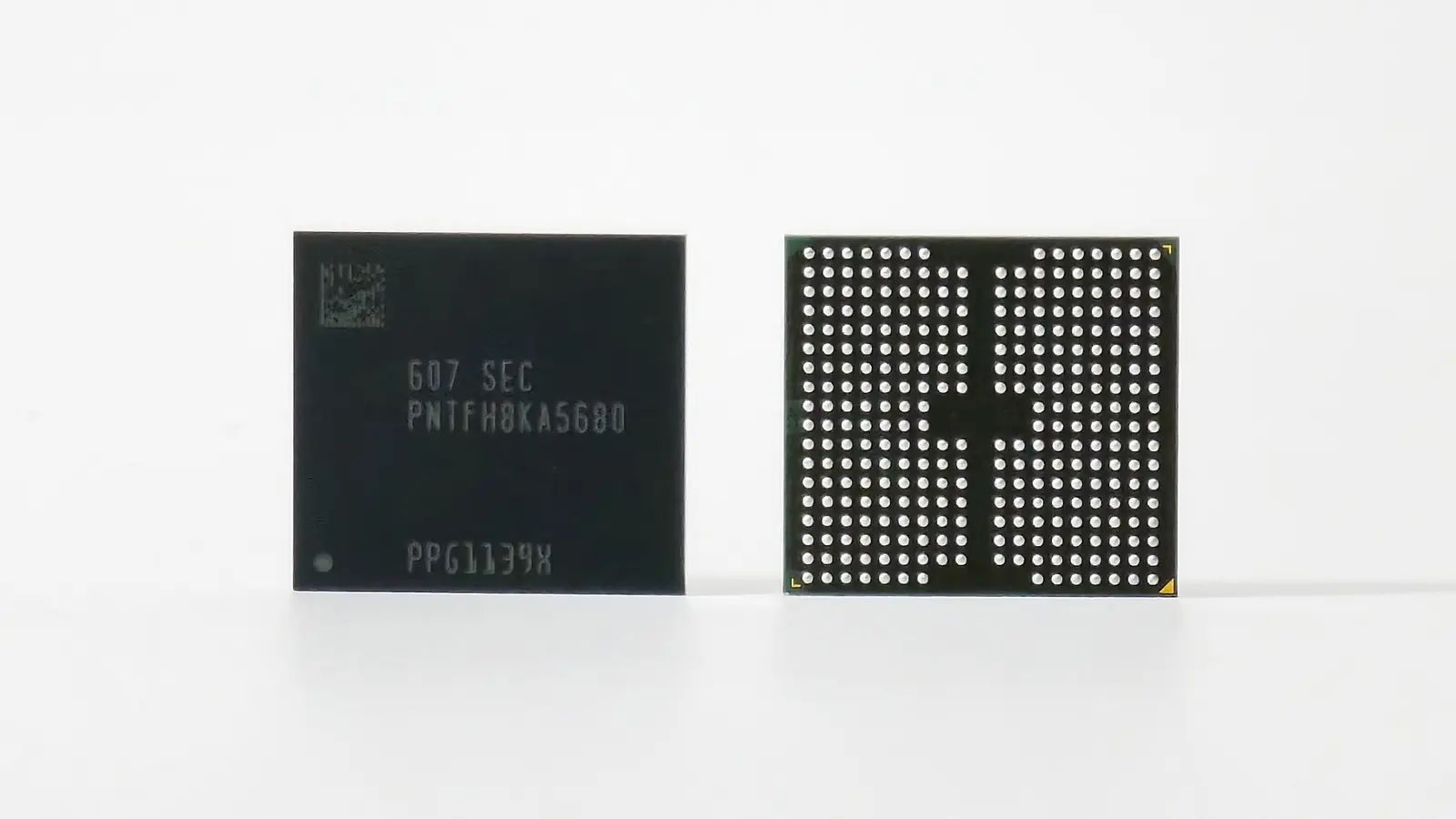 Two Samsung memory chip packages side by side on a white background, one showing its printed side and one its grid of solder balls.