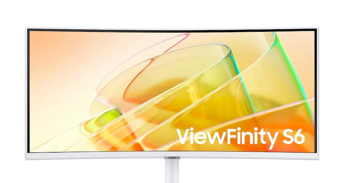 Front view of Samsung's white 34-inch curved ViewFinity S6 ultrawide monitor on its stand.