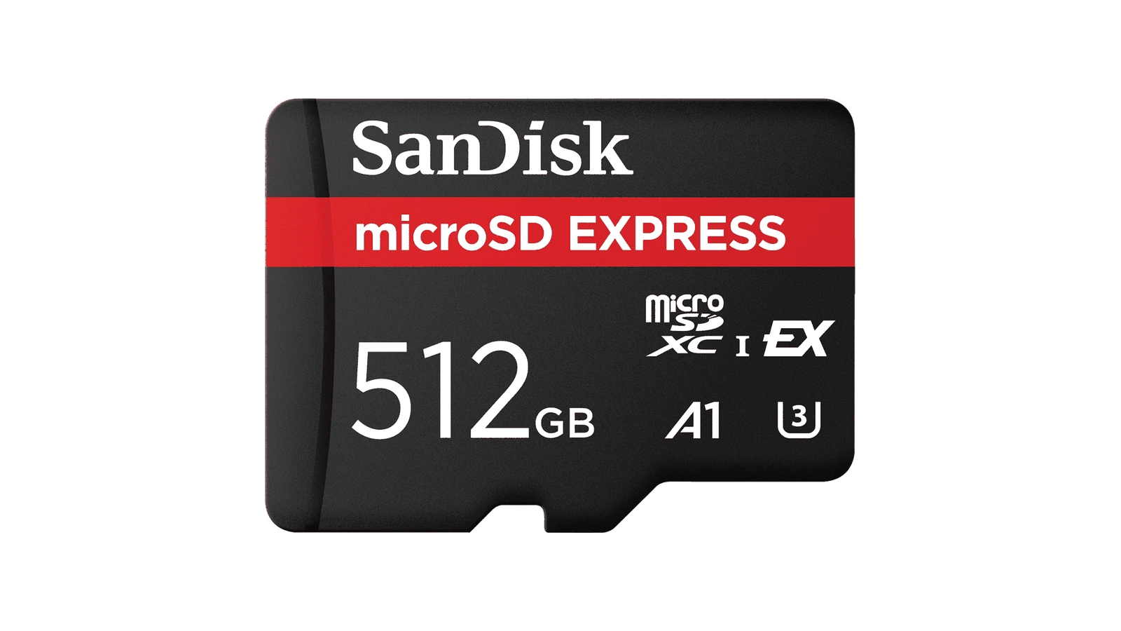 A black SanDisk microSD Express memory card marked 512GB on a white background, with a red microSD EXPRESS banner and the SanDisk logo.