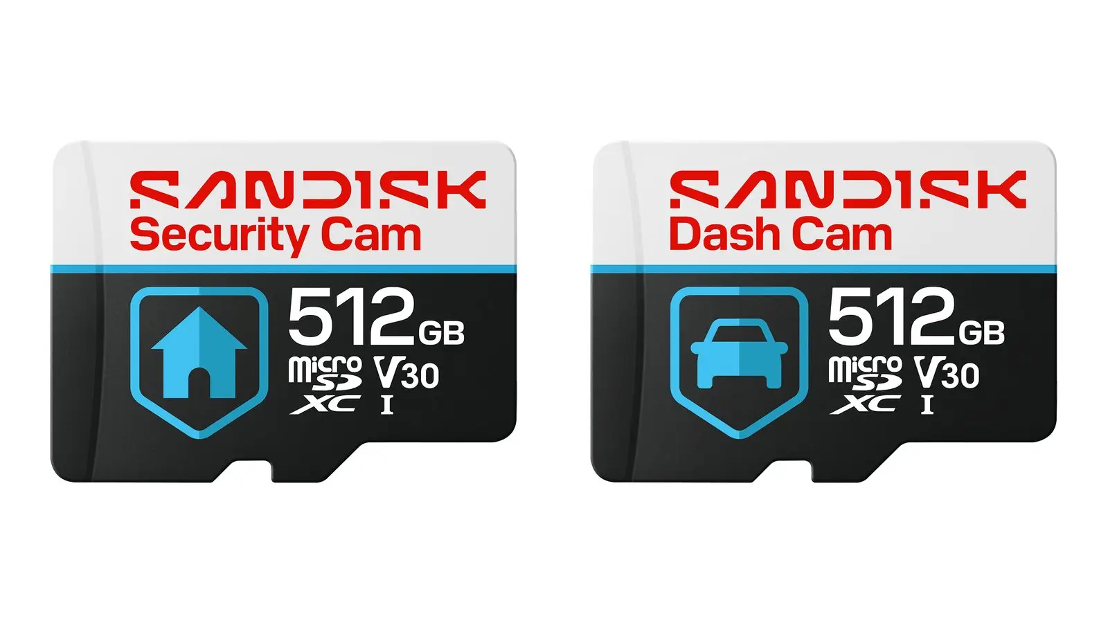 SanDisk Security Cam and Dash Cam 512GB microSD cards side by side, each marked microSDXC and V30.
