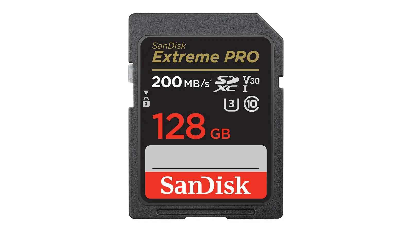 The SanDisk Extreme PRO 128GB SD card, front label showing 200 MB/s, V30, UHS-I, U3 and Class 10 markings.
