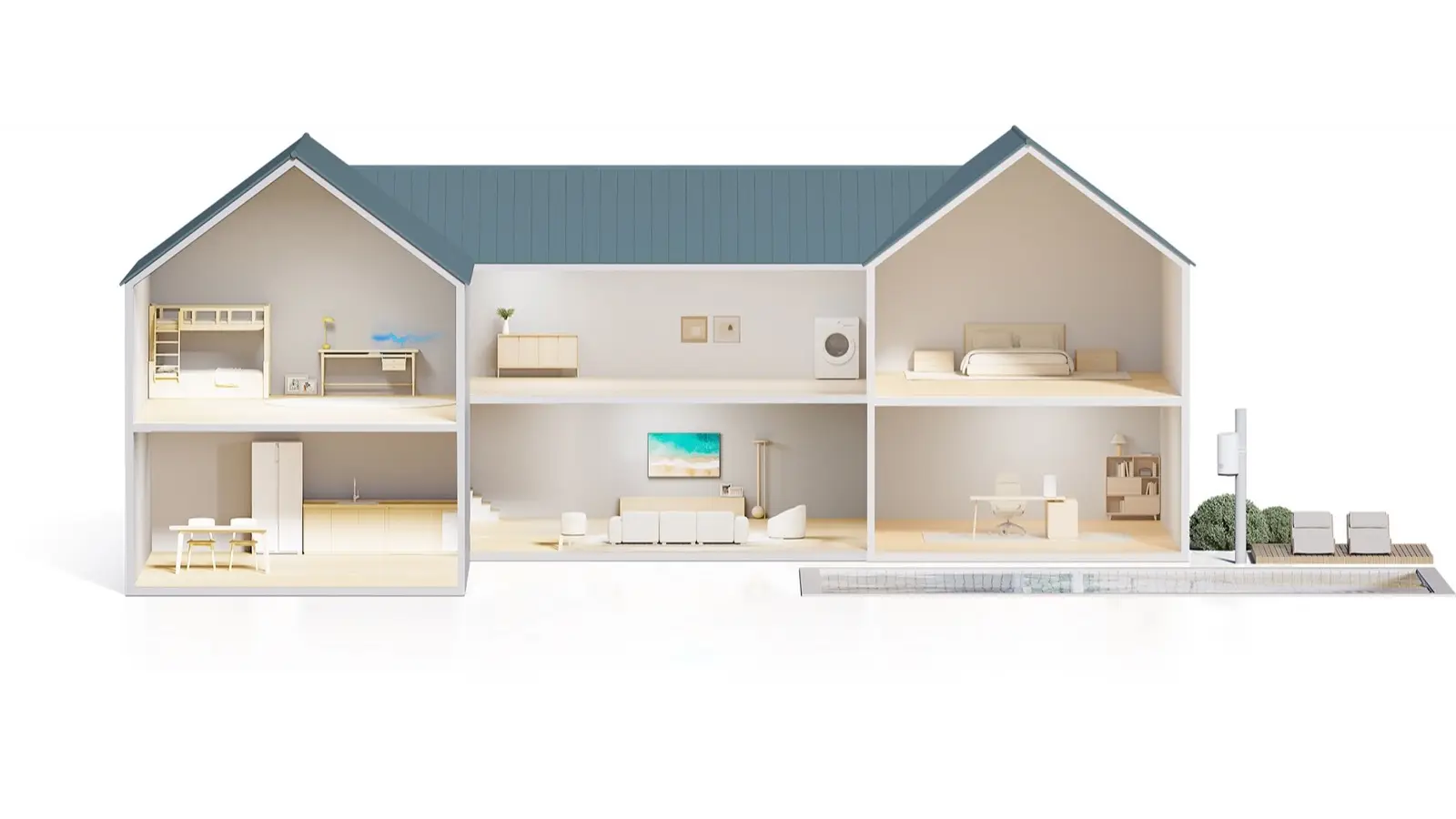 A cutaway illustration of a two-story house with a fridge, washing machine, TV, desk and beds in separate rooms, and a Wi-Fi unit on a pole outside by a pool.