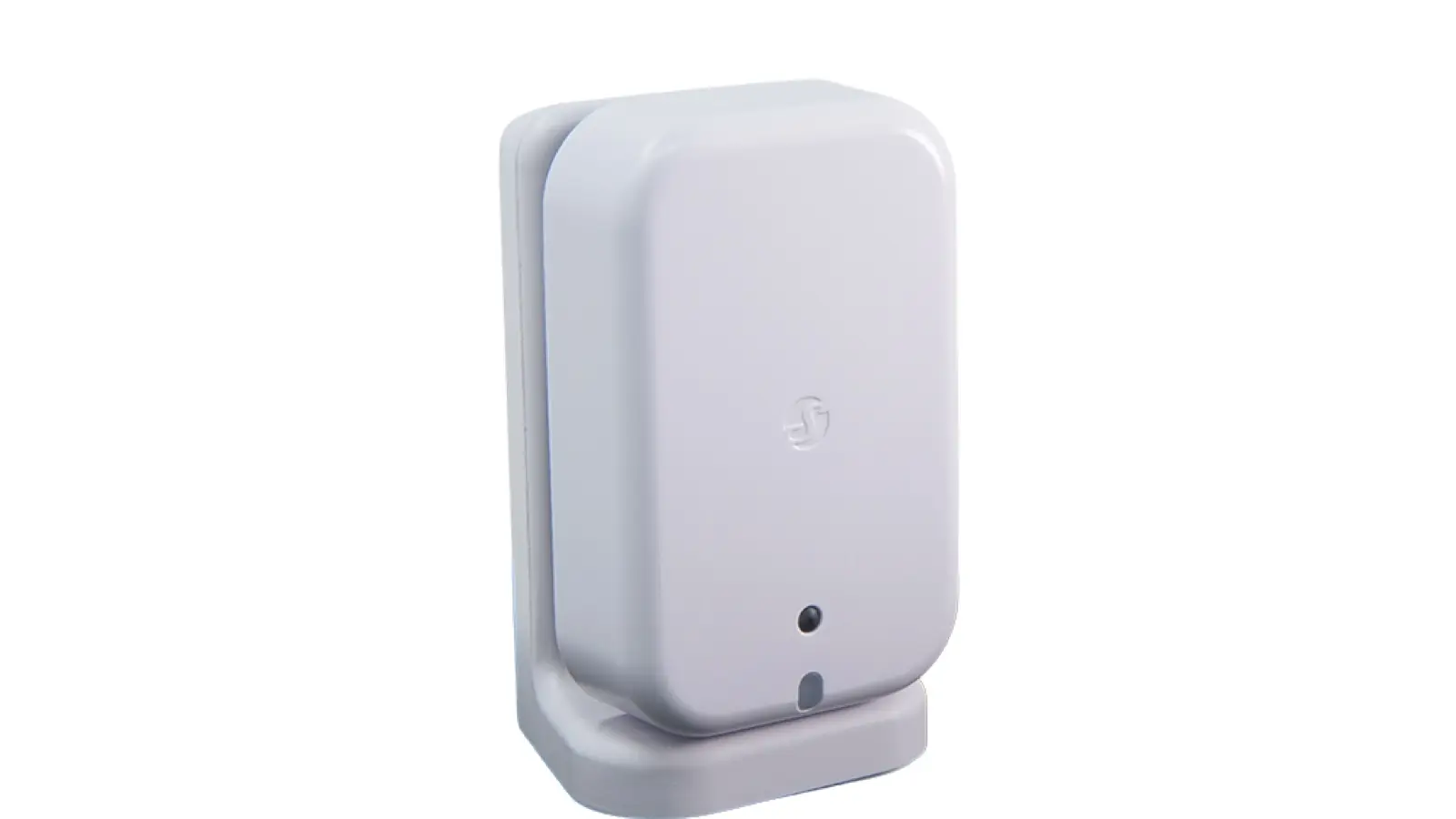 A white Shelly Presence Gen4 sensor, a rounded rectangular box with a small dark sensor window near the bottom, standing upright on its built-in base against a white background.