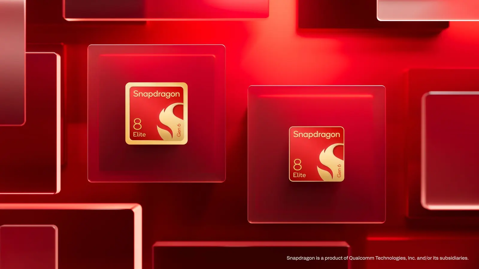 Two gold-and-red Snapdragon 8 Elite Gen 6 chip badges on translucent red blocks.