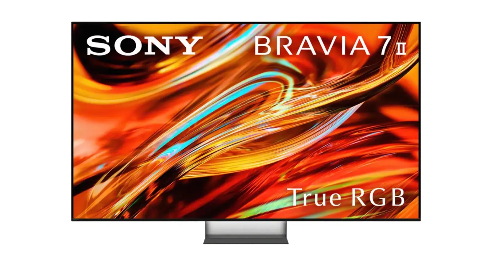 A Sony Bravia 7 II True RGB TV seen head-on on a white background, its screen filled with orange, red and teal swirls and the words Sony, Bravia 7 II and True RGB.