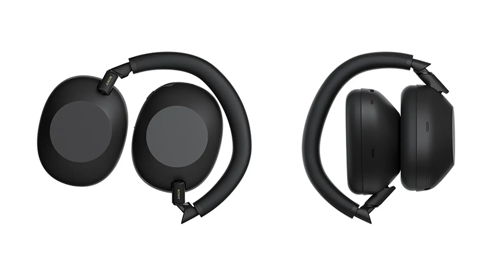 Sony WH-1000XM6 headphones in black shown two ways on white: laid flat with the headband folded around the ear cups, and folded side-on.