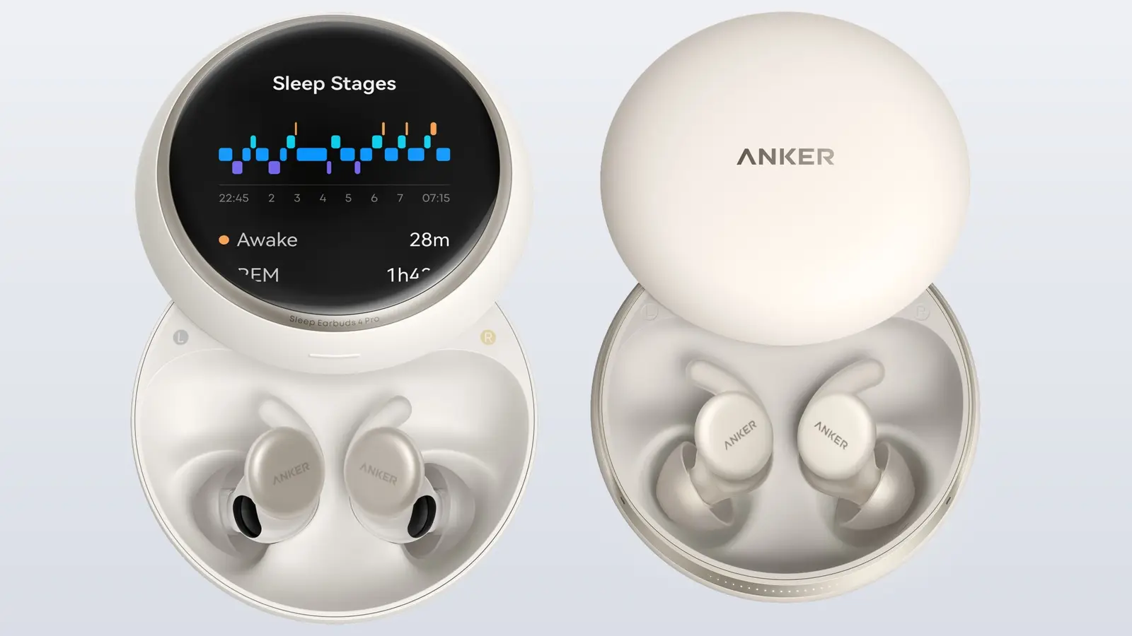 Soundcore's Sleep Earbuds 4 Pro with its smart-screen charging case showing sleep stages, beside the Sleep Earbuds 4 in its round case, both with the lid open.
