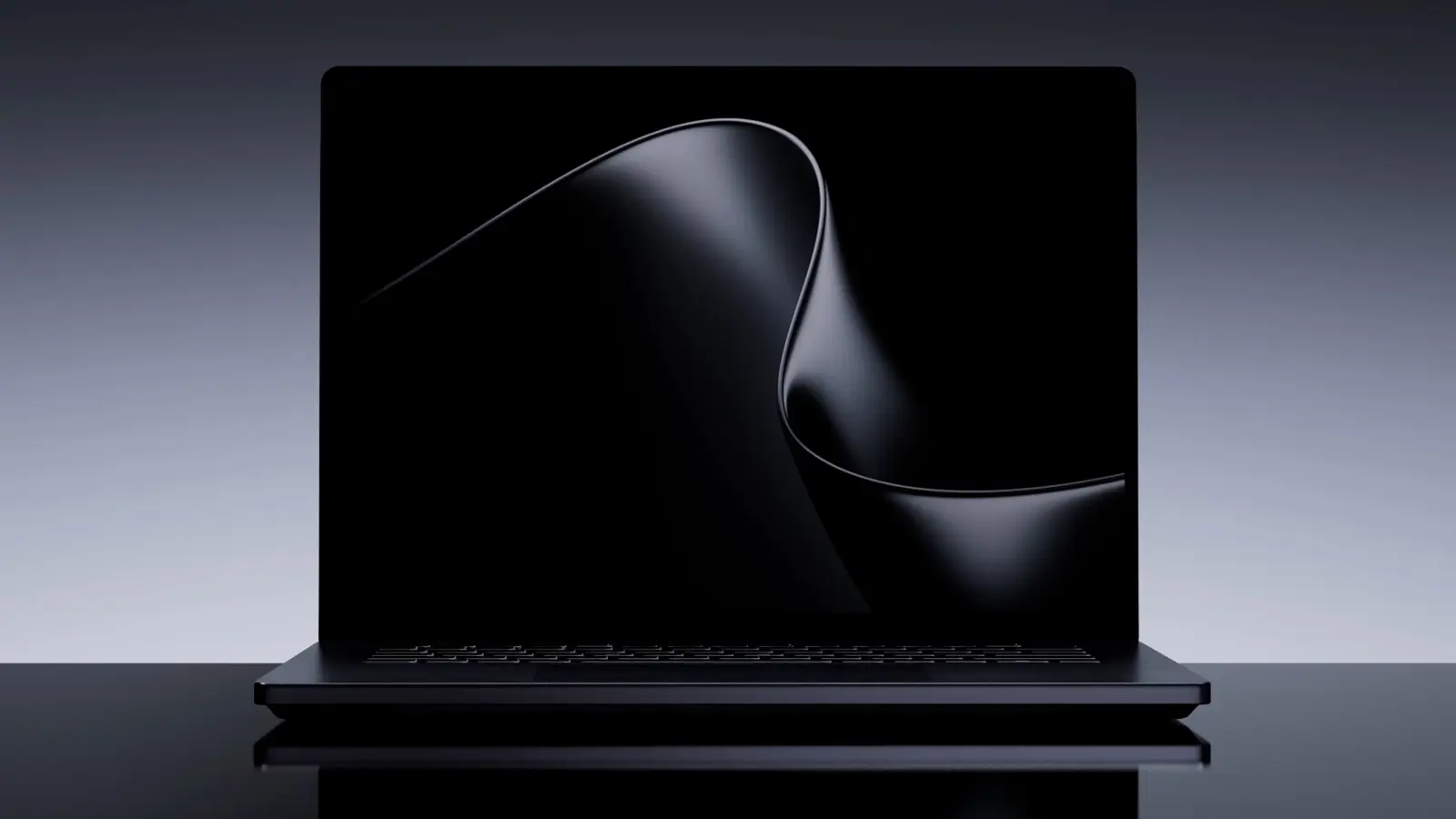 Black Surface Laptop Ultra, lid open, on a reflective surface against a grey gradient background, with an abstract dark wave on the screen.