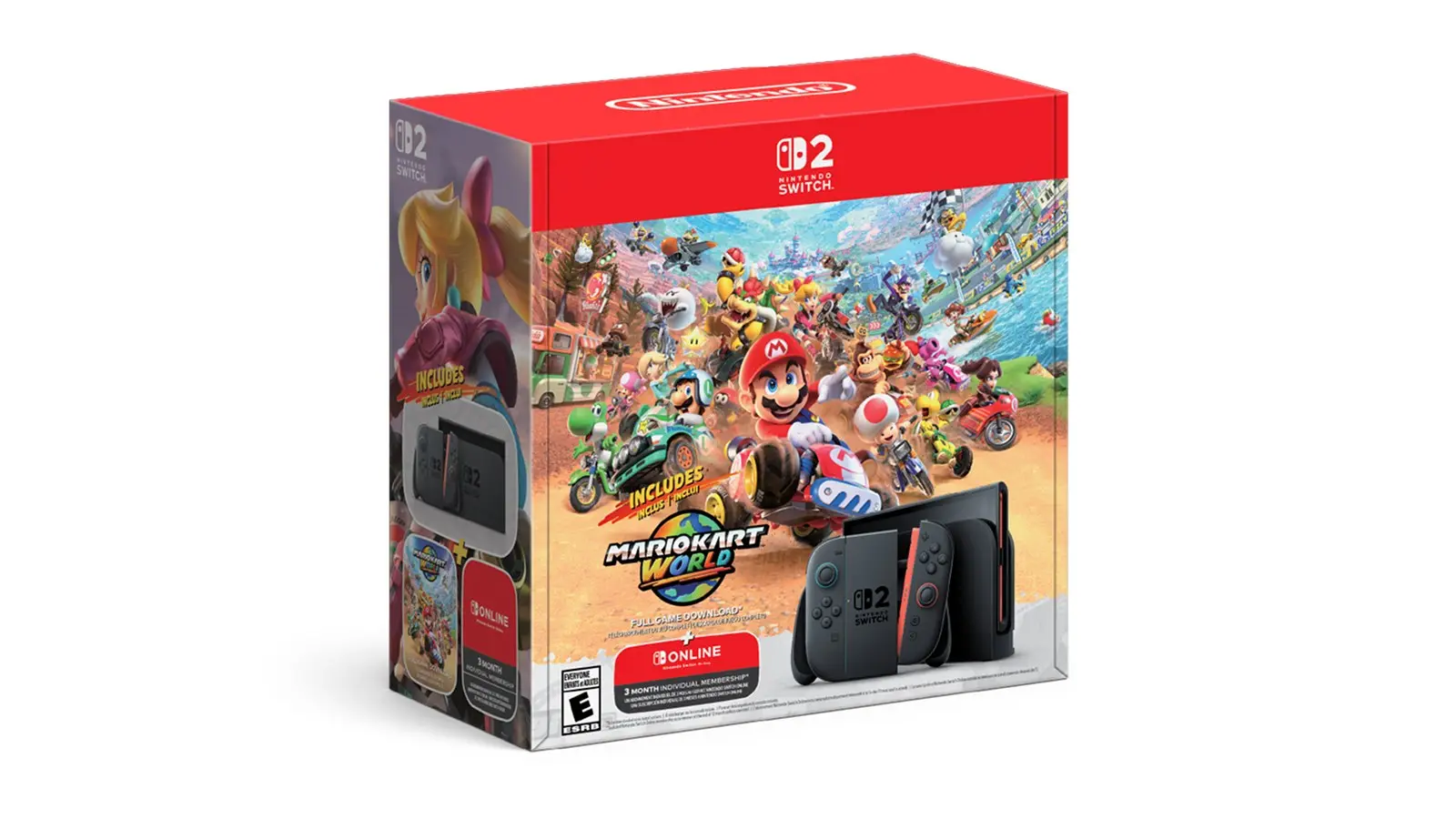 A Nintendo Switch 2 Mario Kart World bundle box, with the console and Joy-Con shown on the front.