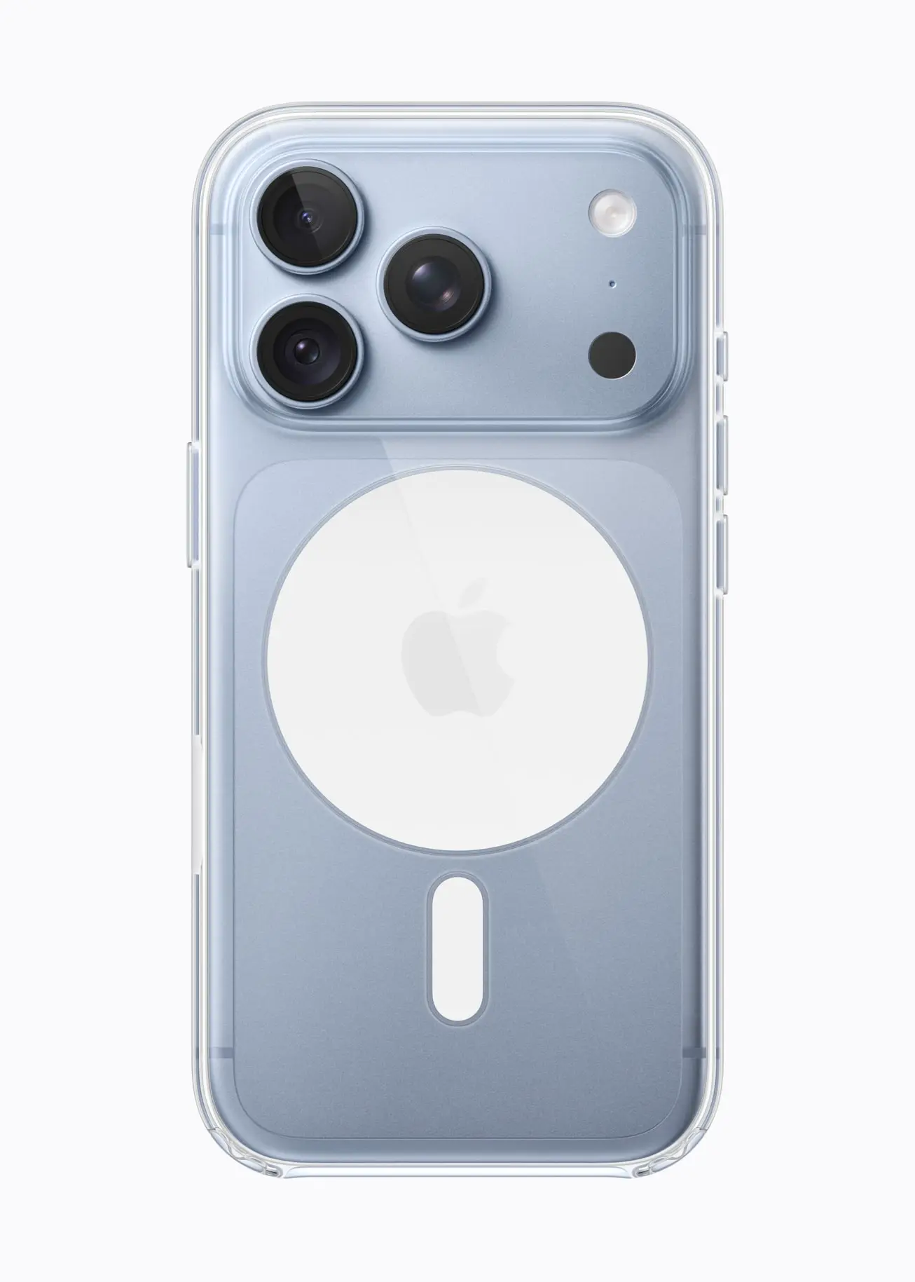 The back of an iPhone 18 Pro in a clear case, showing the three-lens camera and the MagSafe ring, in an Apple press image.