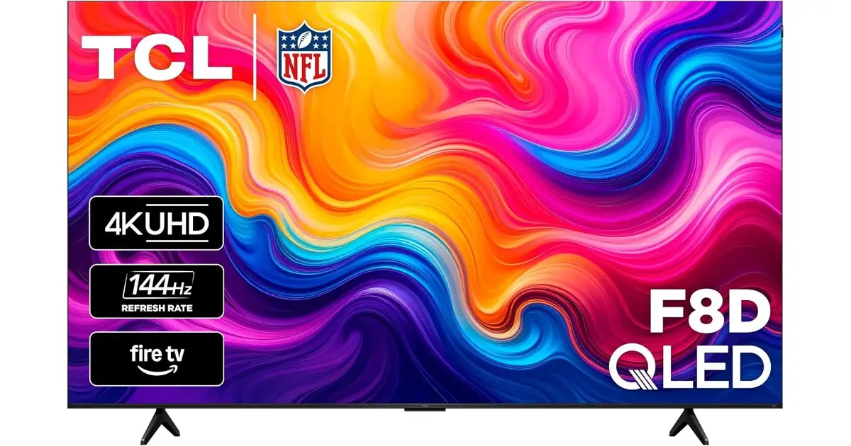 TCL 98-inch F8D QLED television on a stand, showing a colorful picture, on a white background.