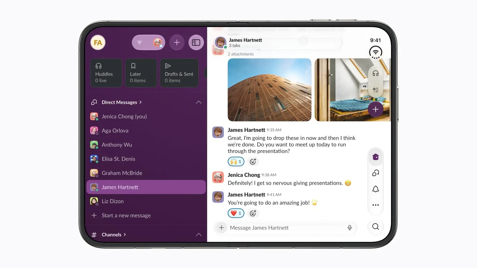 Apple press image of the iPhone Duo opened flat in landscape, showing a Slack conversation across the inner display with the hinge line down the middle.