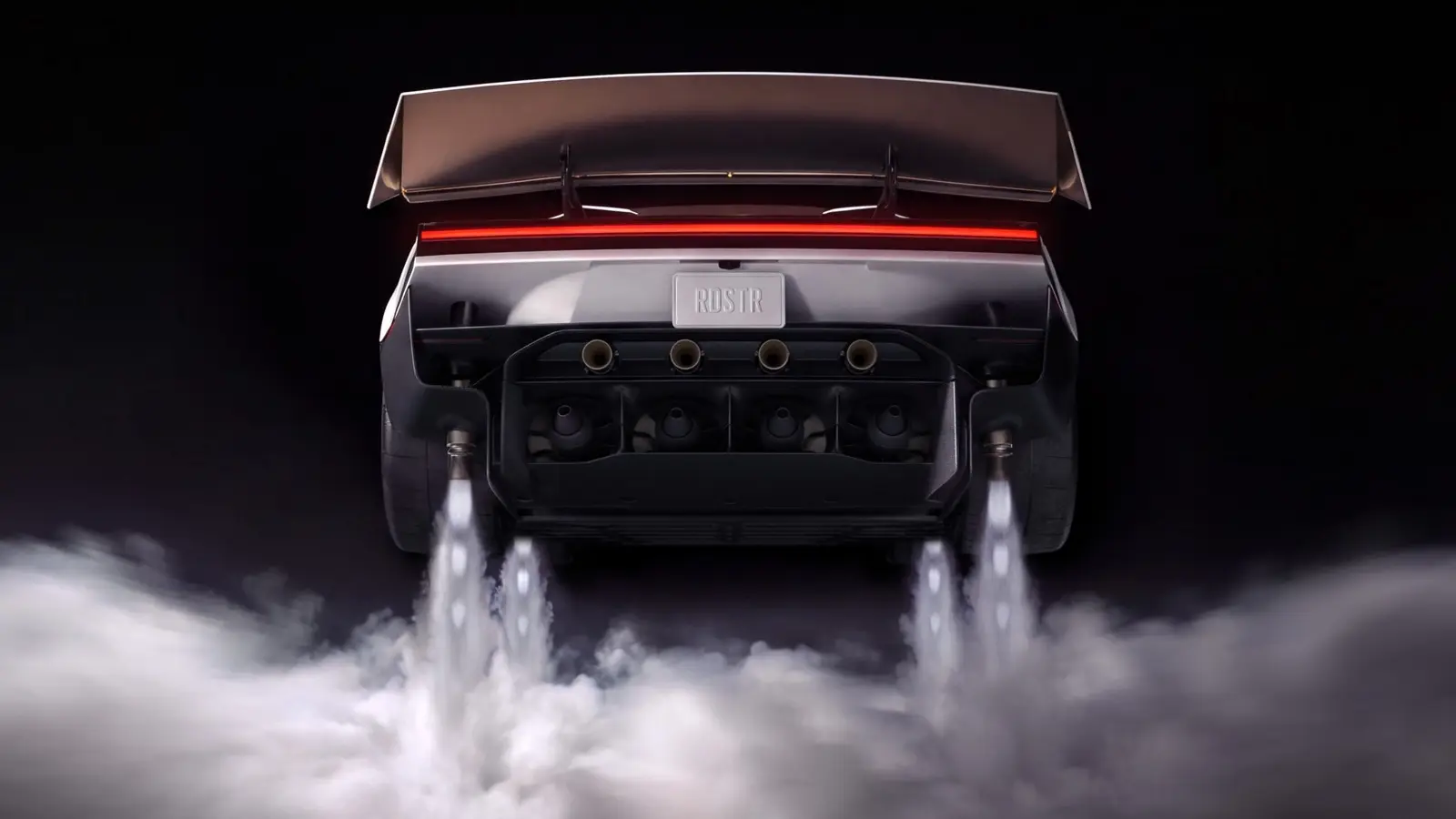 Tesla's Roadster rendering lifting off the ground on four thruster plumes, seen from behind, with smoke spreading below.