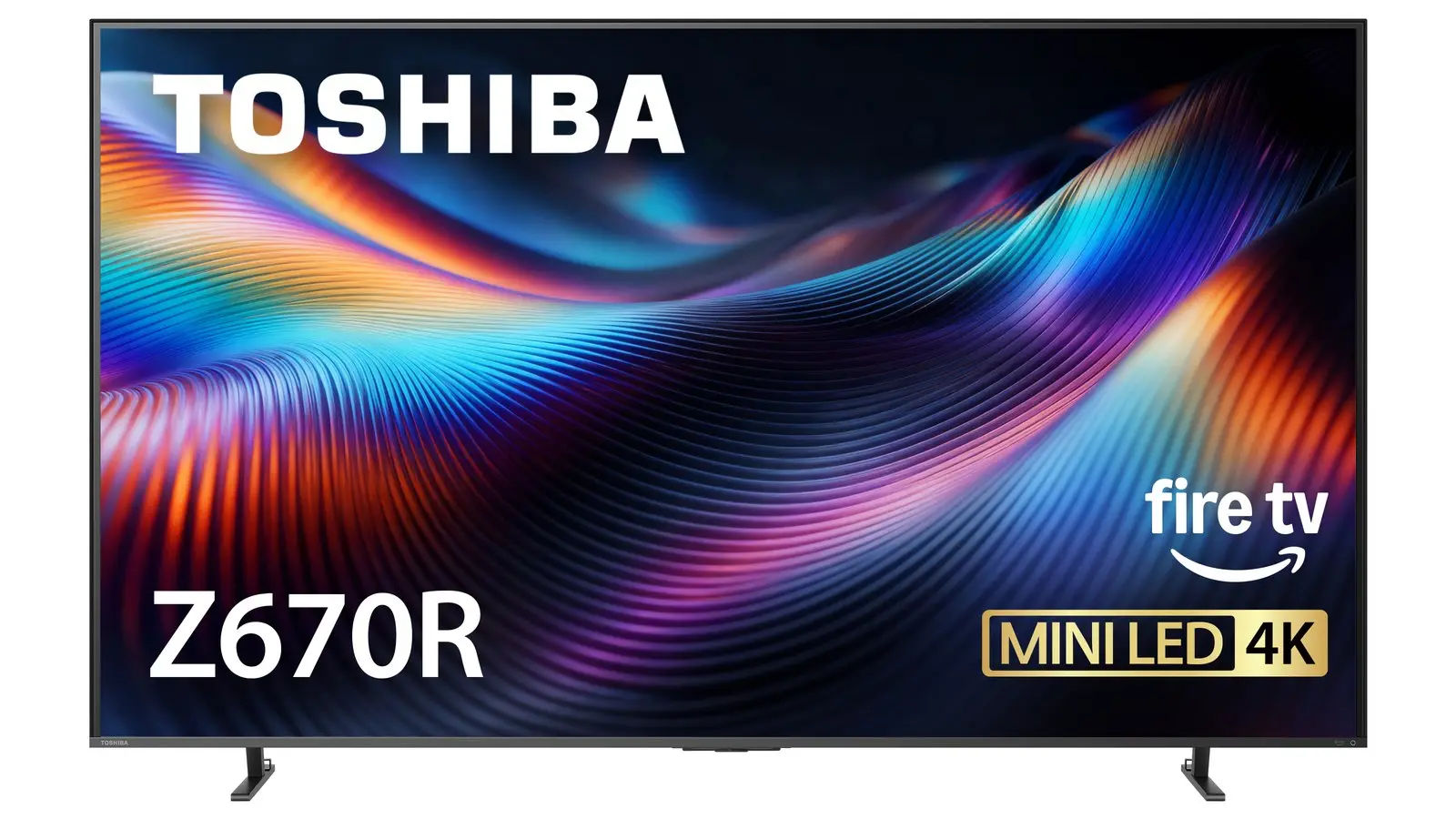 A Toshiba Z670R Mini-LED Fire TV seen head-on, with a swirl of blue, orange and purple on screen and the Toshiba, Fire TV and Mini LED 4K logos.