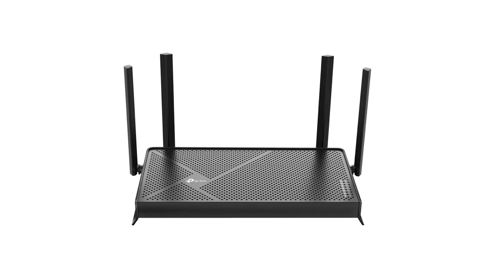 A black TP-Link Archer BE230 router in a raised three-quarter top view, with four upright antennas and a vented top panel carrying the TP-Link logo.