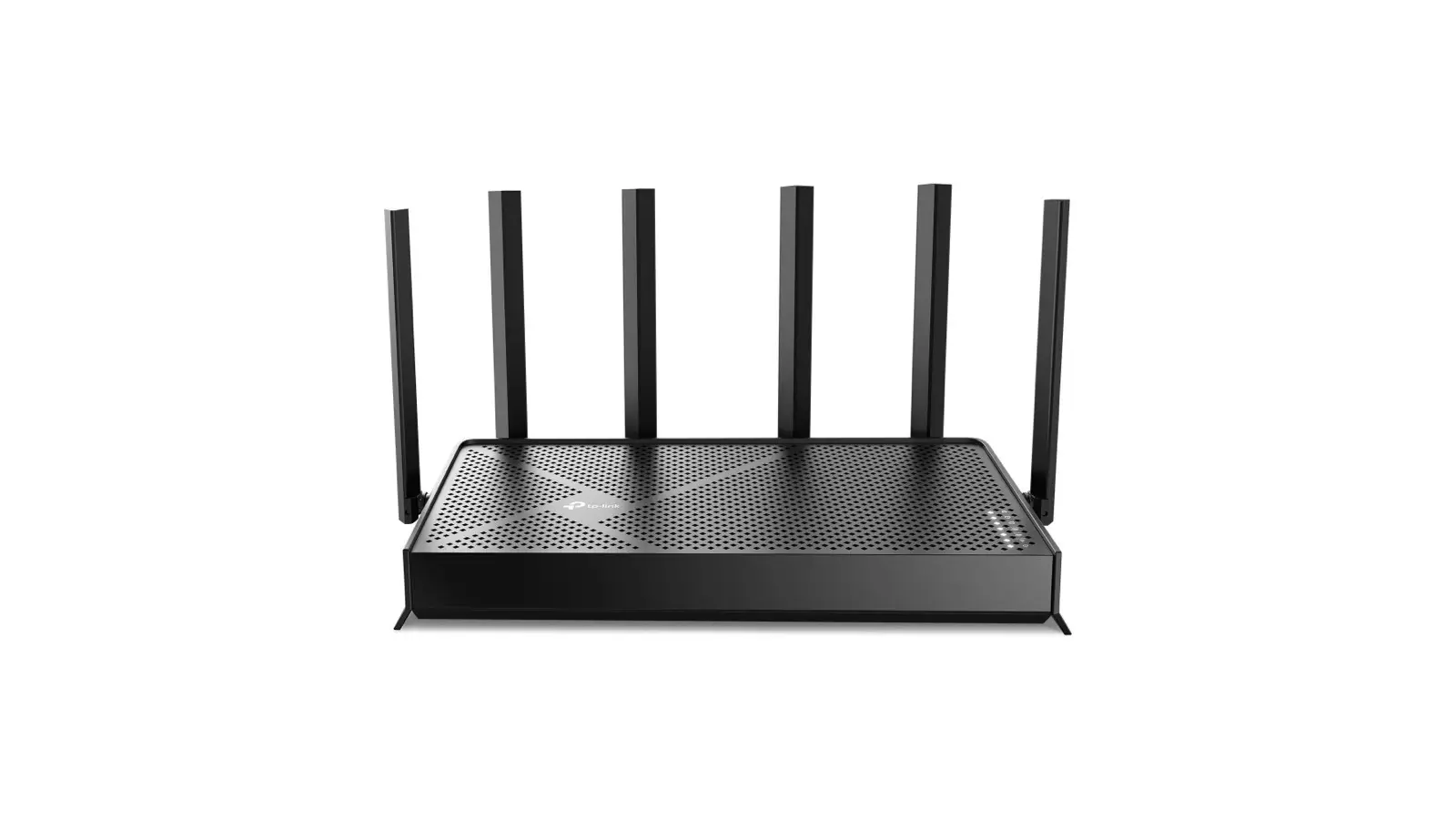 A black TP-Link Archer BE600 router seen from the front, with six upright antennas above a vented top panel carrying the TP-Link logo.