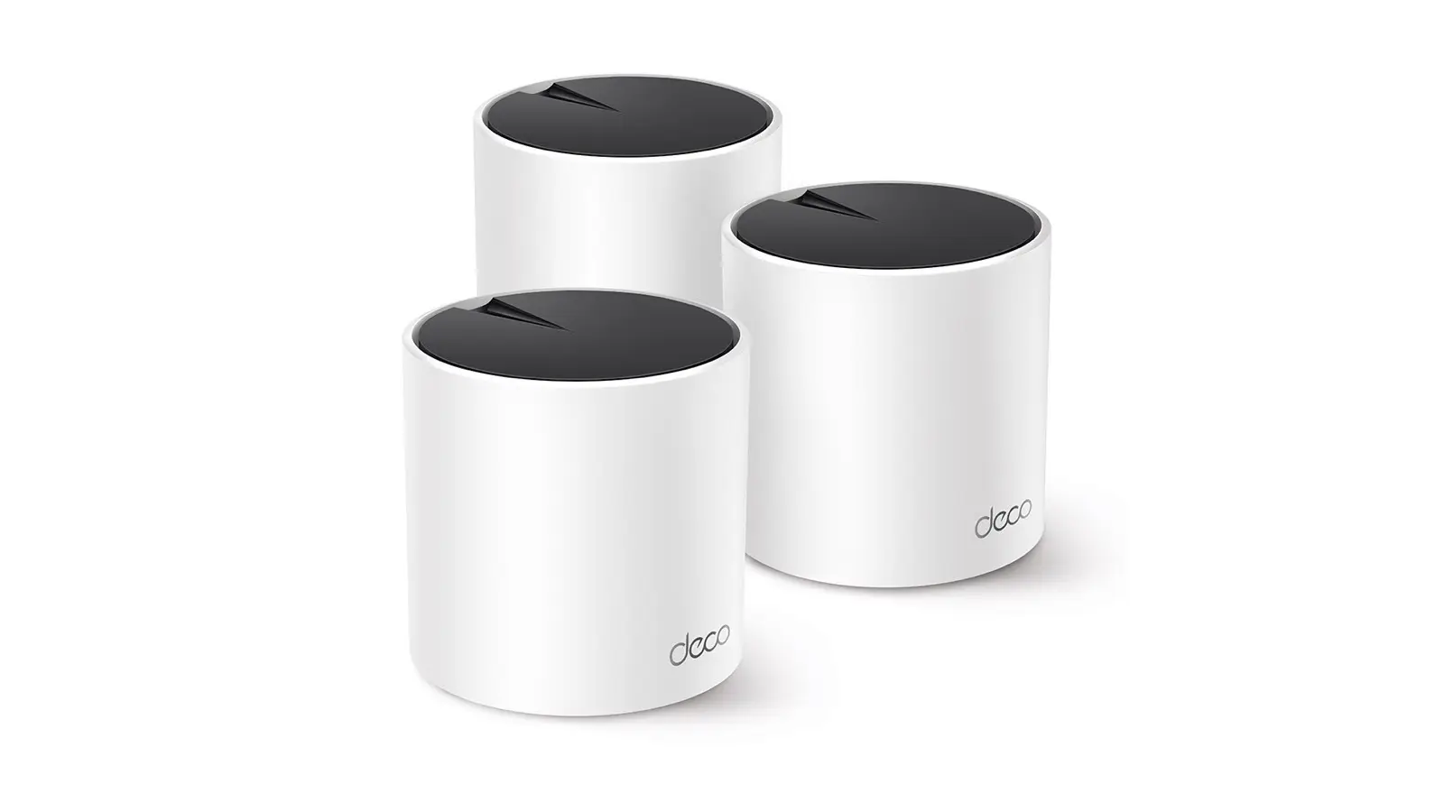 Three white TP-Link Deco X55 mesh units, each a short cylinder with a dark top and the deco logo on the front, arranged in a triangle on a white background.