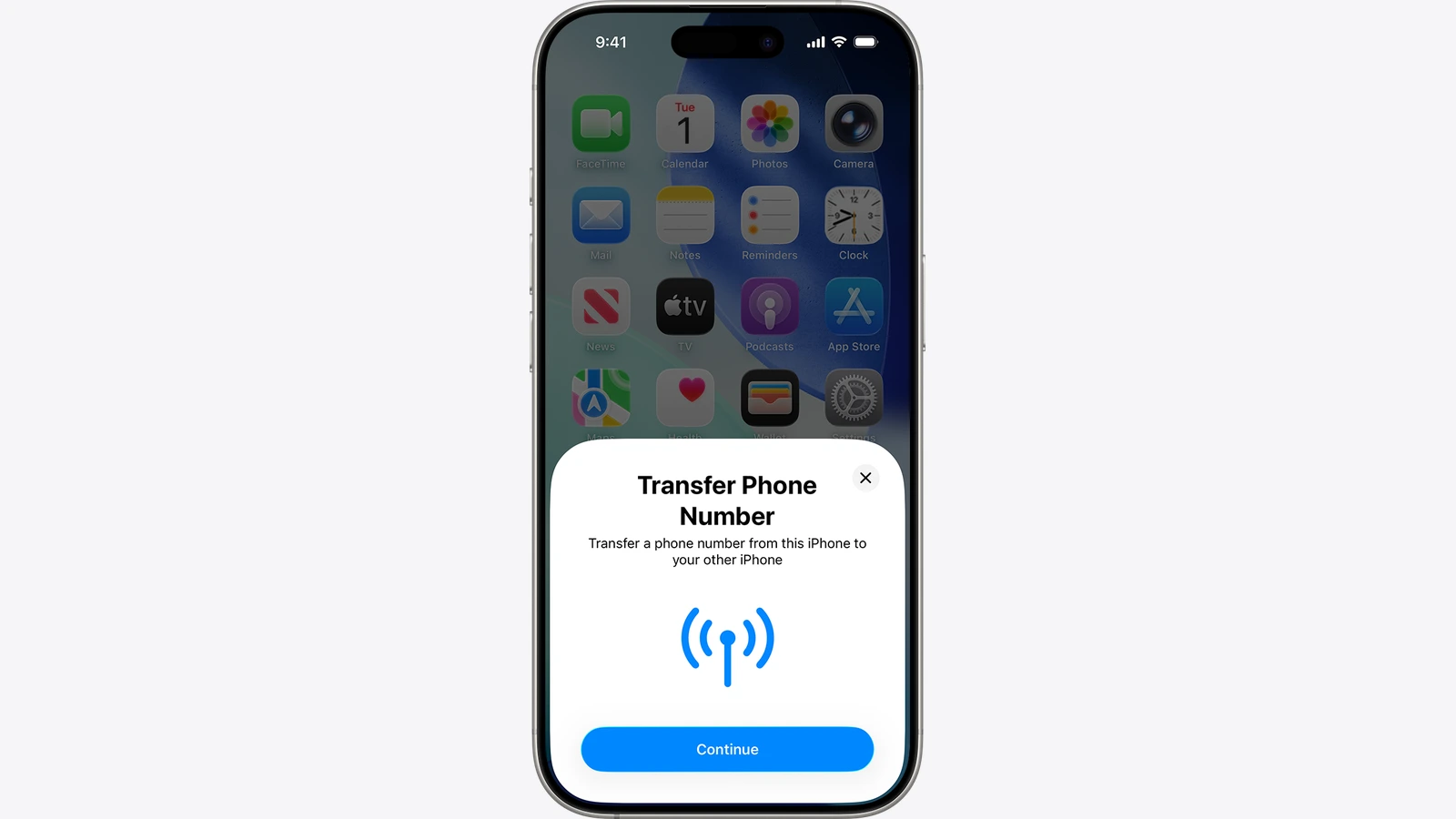 An iPhone showing Apple's Transfer Phone Number card, which offers to transfer a phone number from this iPhone to your other iPhone, with a Continue button.