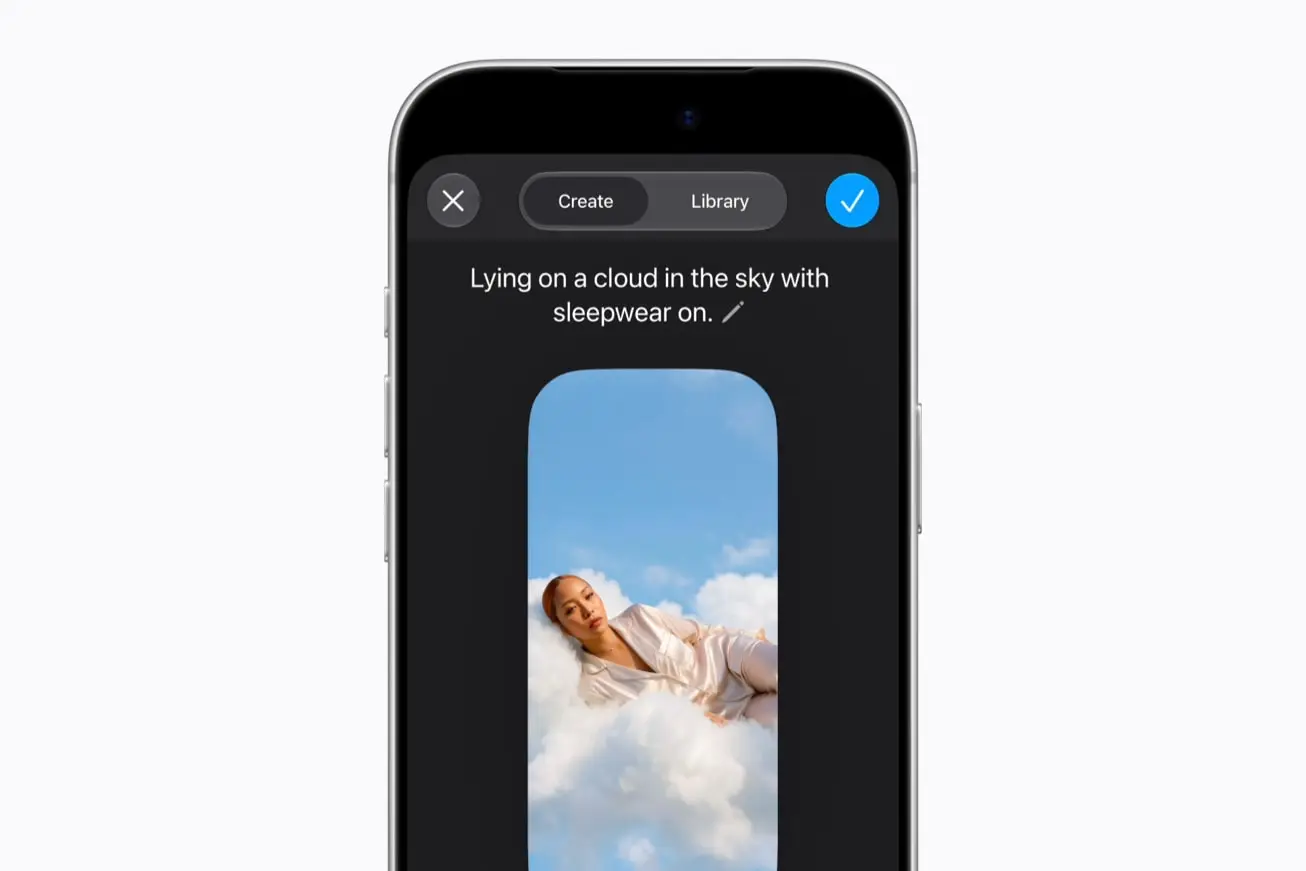 An iPhone showing Apple's Image Playground screen in iOS 27, with the prompt 'Lying on a cloud in the sky with sleepwear on' above the generated image.