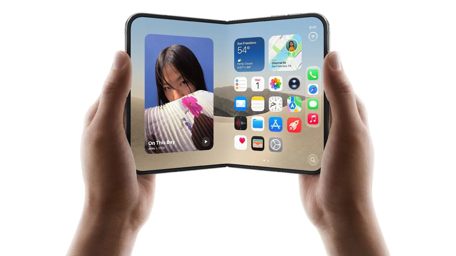 Two hands hold an open iPhone Duo, its inner display showing a home screen with widgets and app icons.