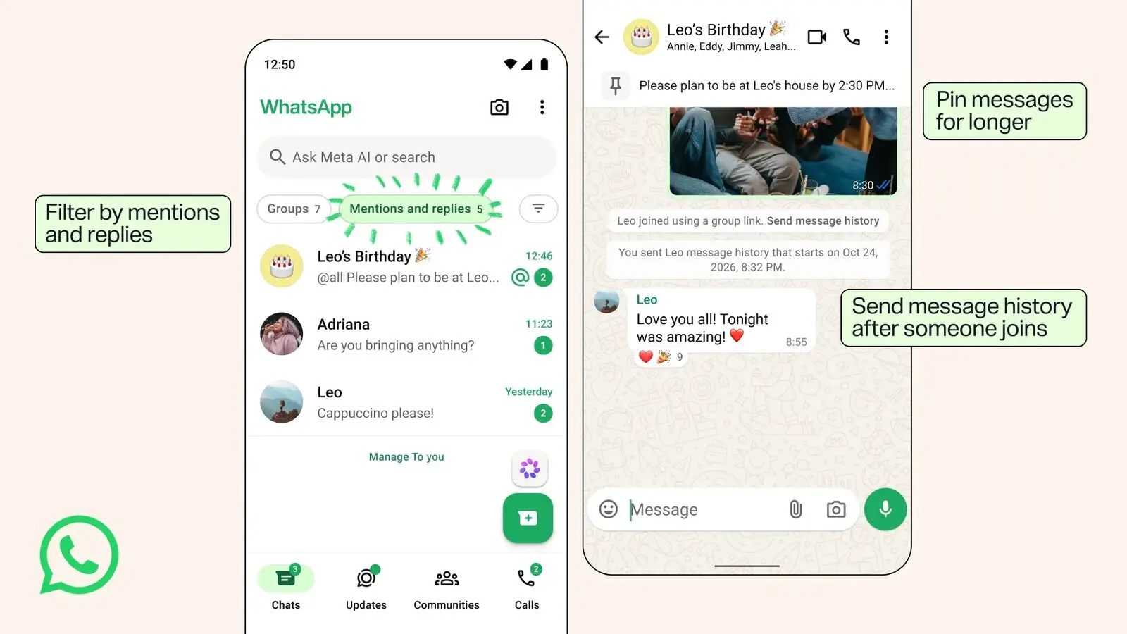 Two phone screens side by side. The chat list shows a highlighted Mentions and replies filter with a group message that starts with @all. The group chat shows a pinned message and a Send message history link in a notice.