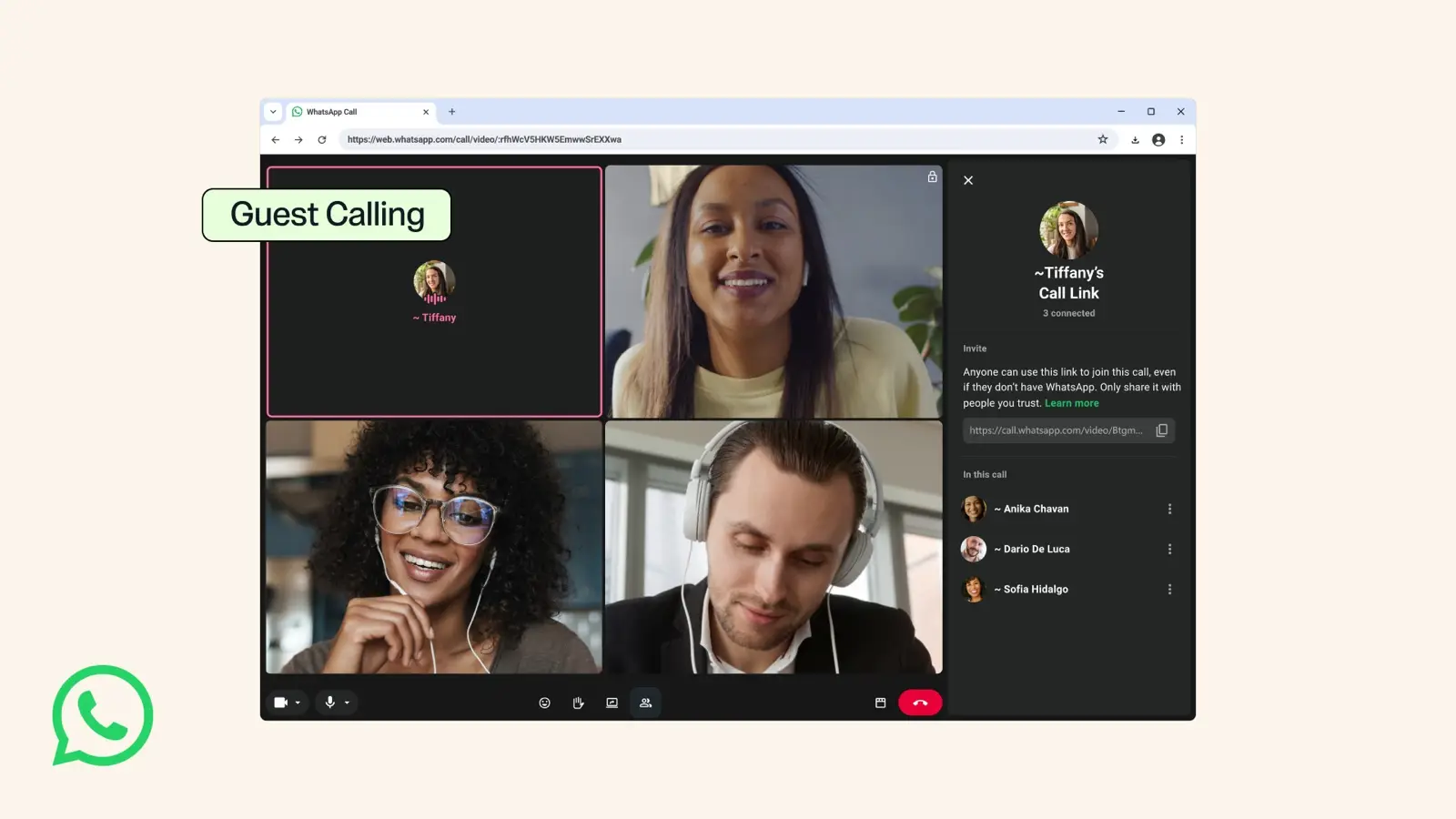 Meta promotional image for WhatsApp guest calling: a browser window showing a four-person video call and an invite panel with a call link, beside a WhatsApp logo.