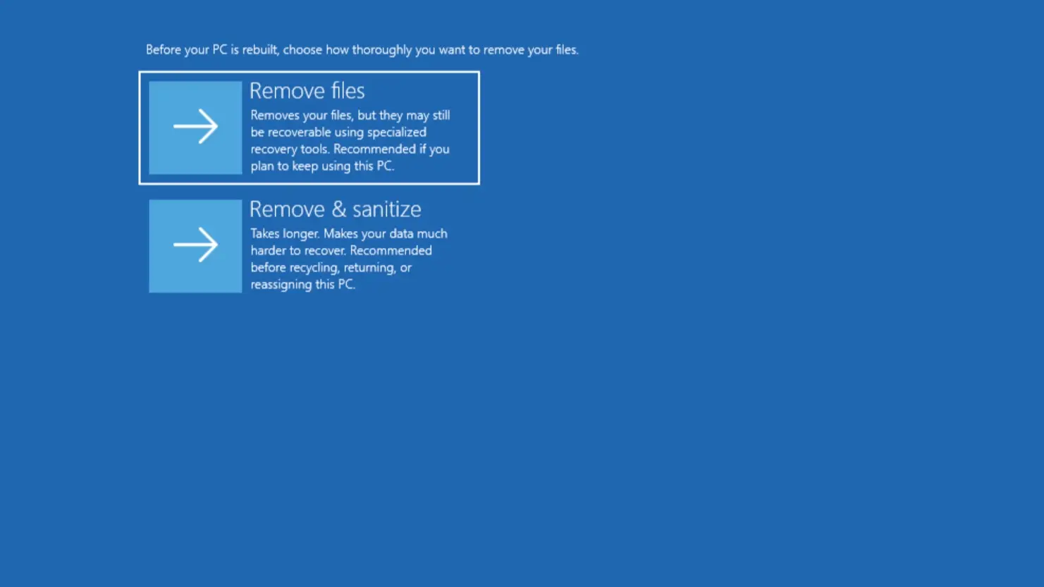 Screenshot of the Windows recovery screen for Cloud rebuild, offering Remove files and Remove & sanitize options.