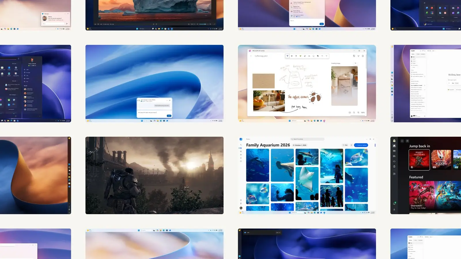 A grid of Windows 11 screenshots over the blue Bloom wallpaper, including the Photos app showing an aquarium album, a Copilot panel, an Xbox app and a game scene.