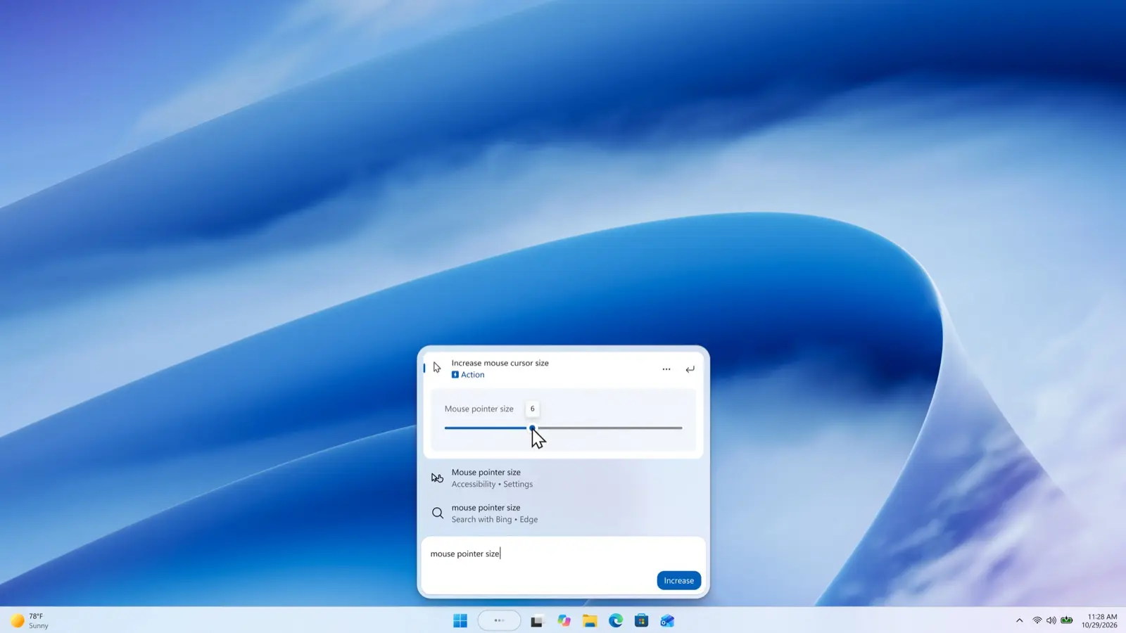 The new Windows Search box at the bottom center of a Windows 11 desktop, showing an Increase mouse cursor size action with a slider.