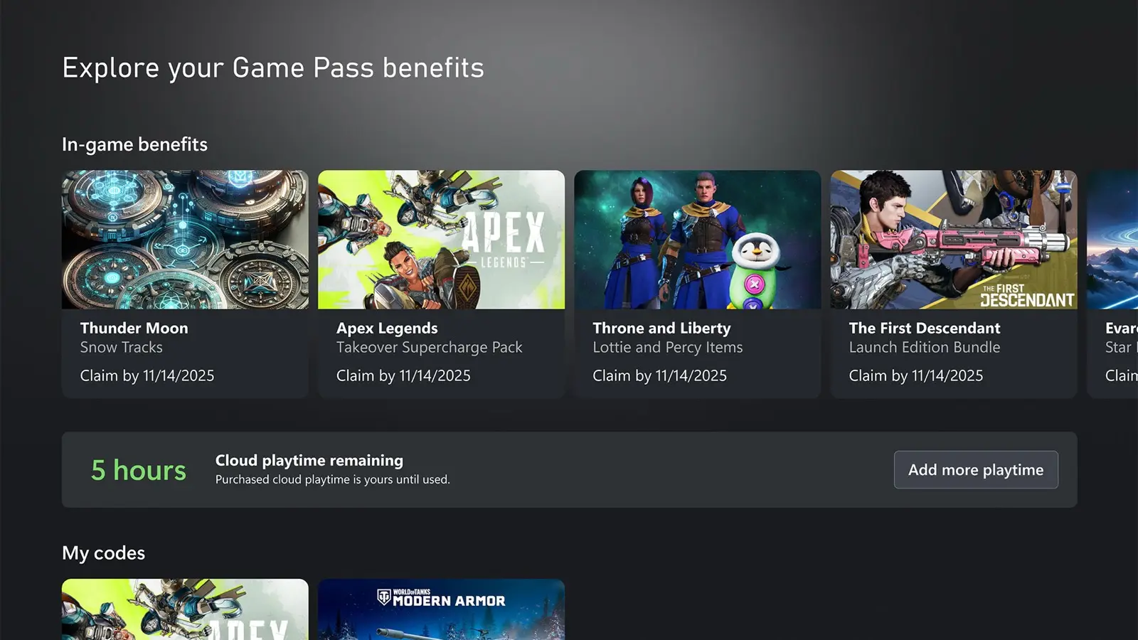 Xbox Game Pass benefits screen with rows of in-game benefit cards above a panel showing 5 hours of cloud playtime remaining and an Add more playtime button.