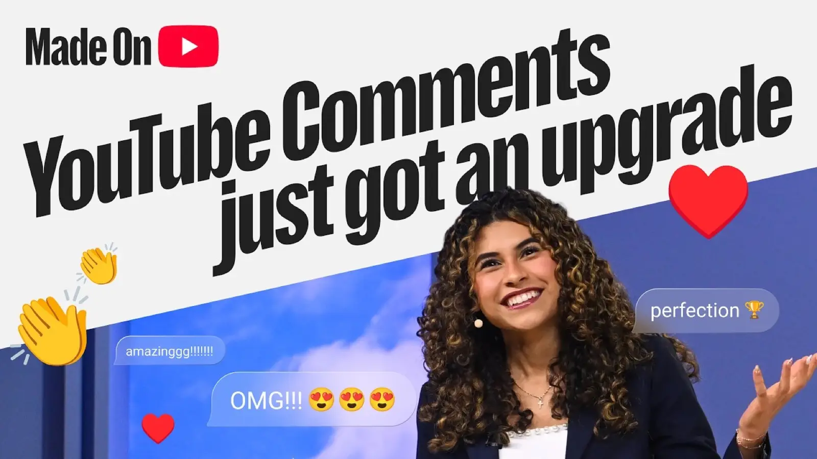 A YouTube promotional frame reading 'Made On YouTube: YouTube Comments just got an upgrade', with a smiling presenter and floating comment bubbles and emoji.